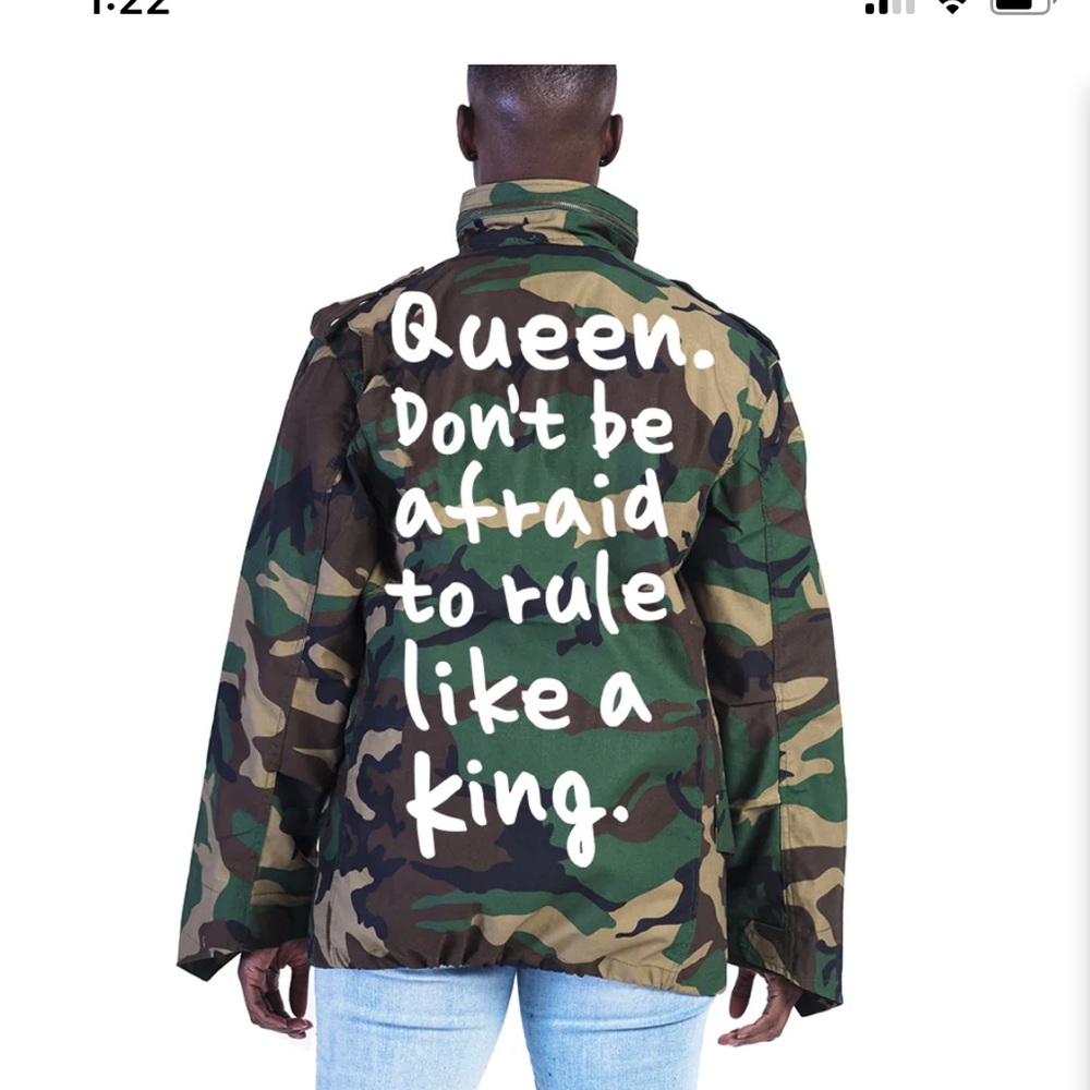 Army fatigue jacket with multi color lettering